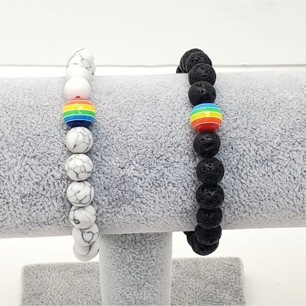 Pride Rainbow Bead Bracelets Black and Marble White Stone QTY 2